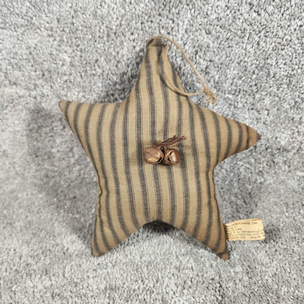 Star Ornament Tan Black Striped Ticking Jingle Bells Fabric Vintage Style Decor